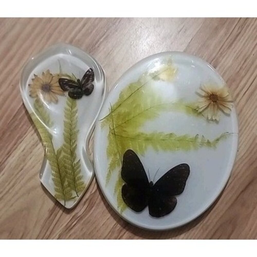 Vintage Lucite Acrylic Spoon Rest W/ trivet set Butterflies wildflowers MCM boho